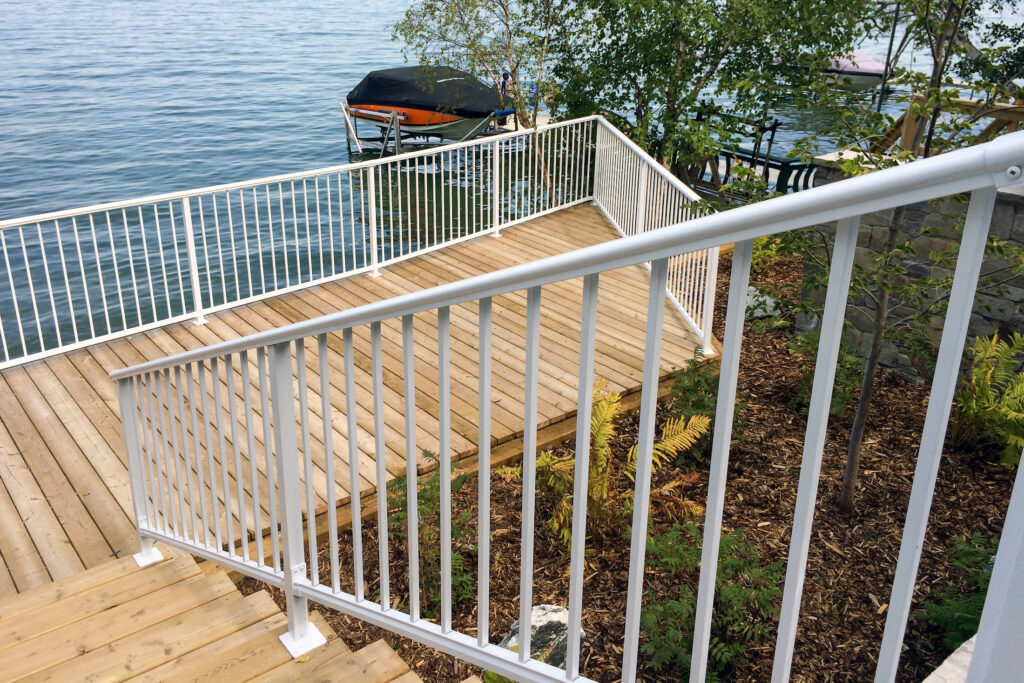 Deksmart aluminum picket railing system in white with 5/8th inch square pickets